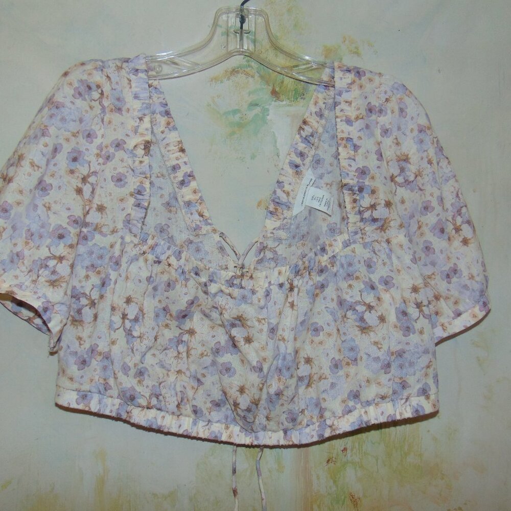 H&M LINEN Blend Cropped Watercolor Floral Blouse Top Prairie Corset Back Violet - Picture 5 of 10